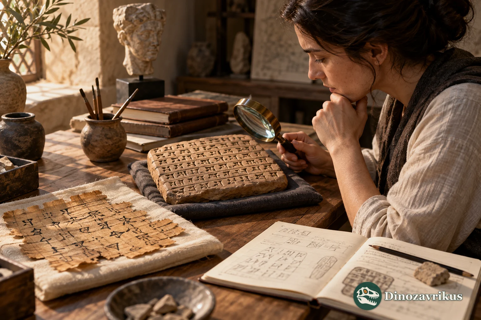 A scholar examining a clay tablet and papyrus fragments with non-readable signs