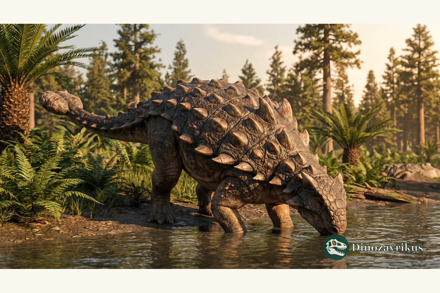 An armoured ankylosaur with prominent bony plates and spikes in a woodland setting