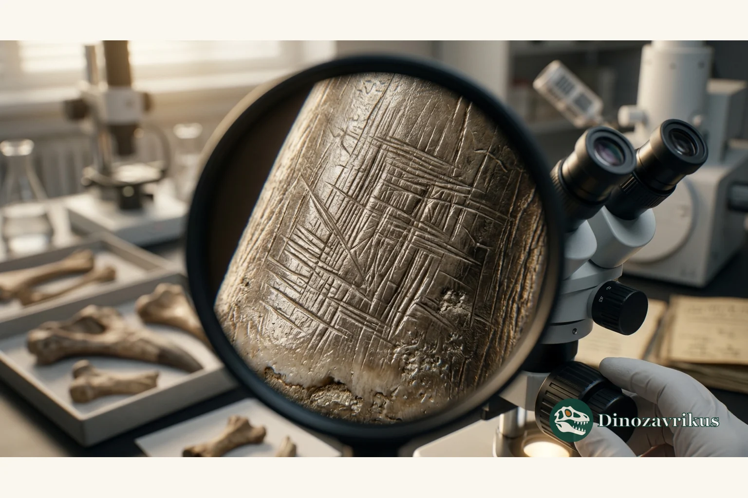A fossilised herbivorous dinosaur tooth examined under laboratory magnification