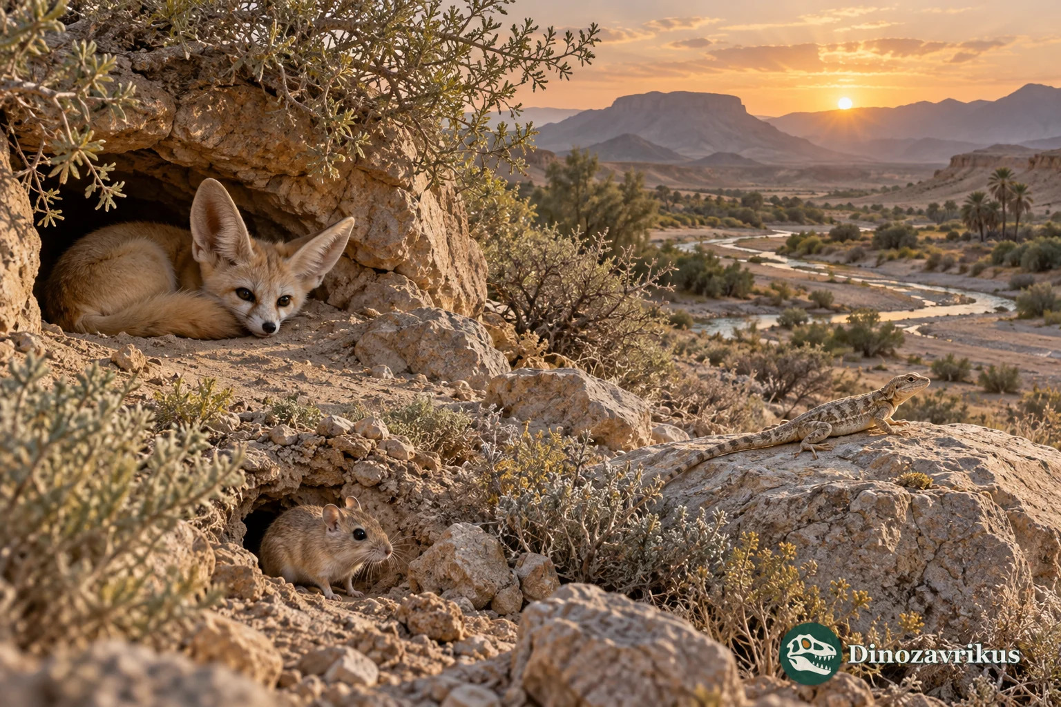 A fennec fox resting in rock shade, a desert lizard on warm stone and a small rodent near its burrow at dawn