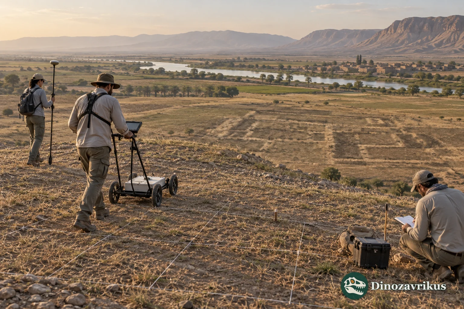 Archaeological team mapping a mound with geophysical survey equipment