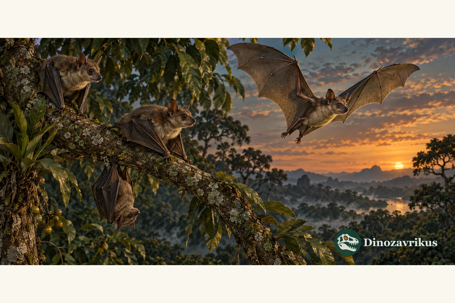 Early bats resting and flying through an Eocene forest at dusk