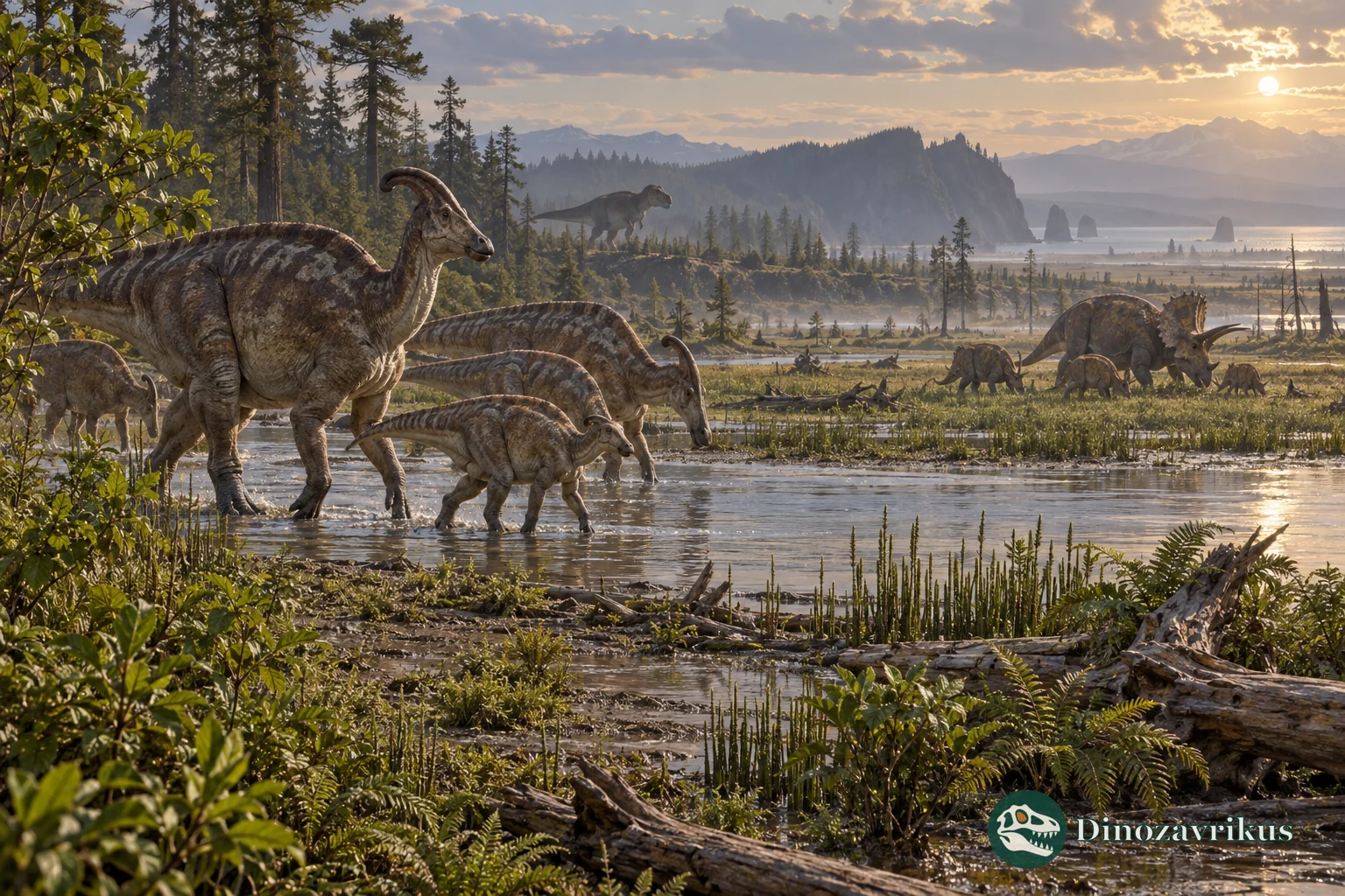 Late Cretaceous coastal plain with vegetation and dinosaurs under a changing sky