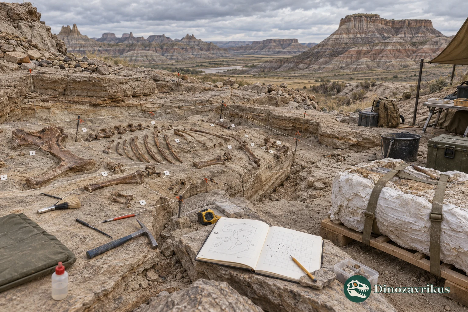 A mapped dinosaur fossil bed during a careful field excavation