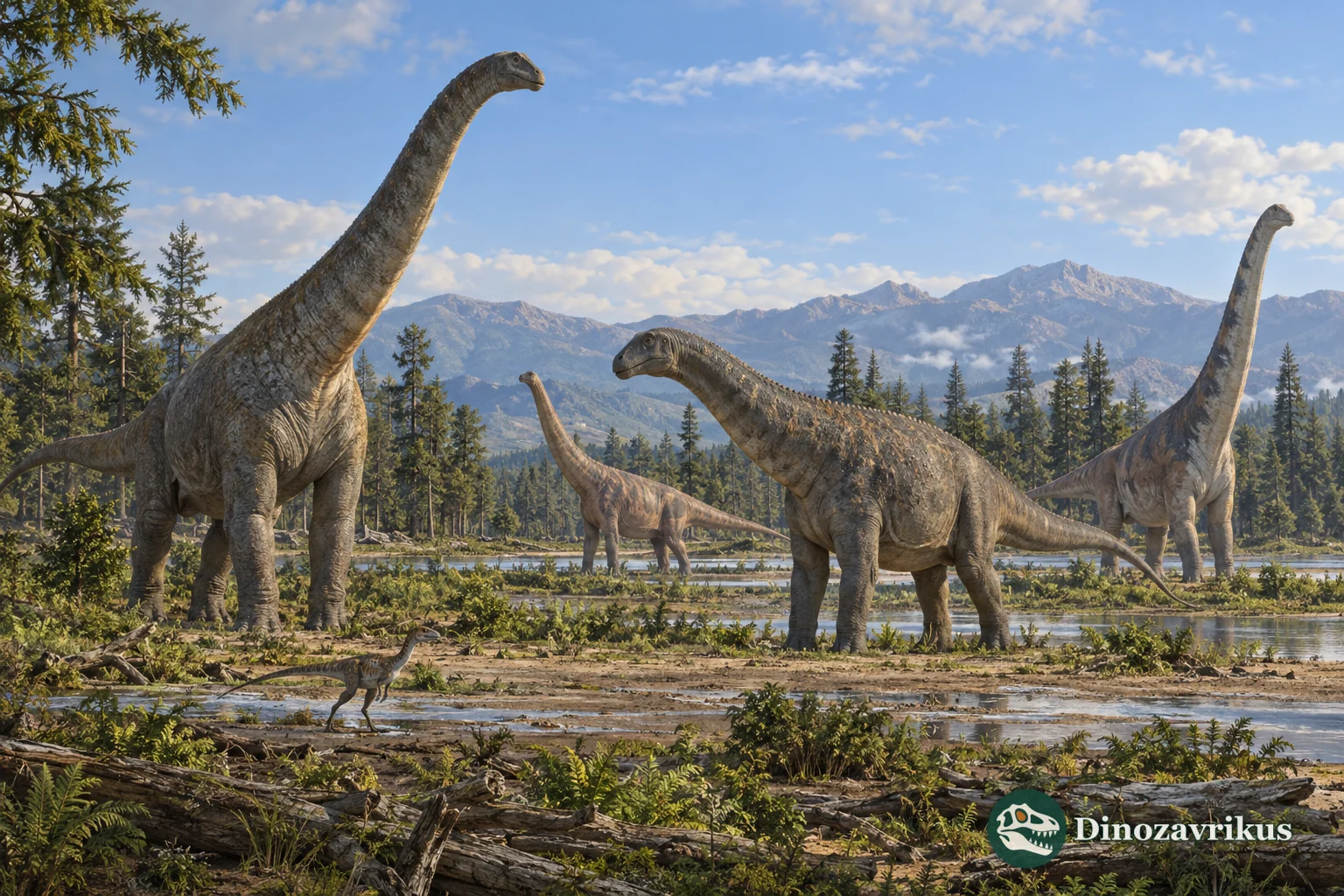 A small theropod and several sauropods illustrating the range of dinosaur body sizes