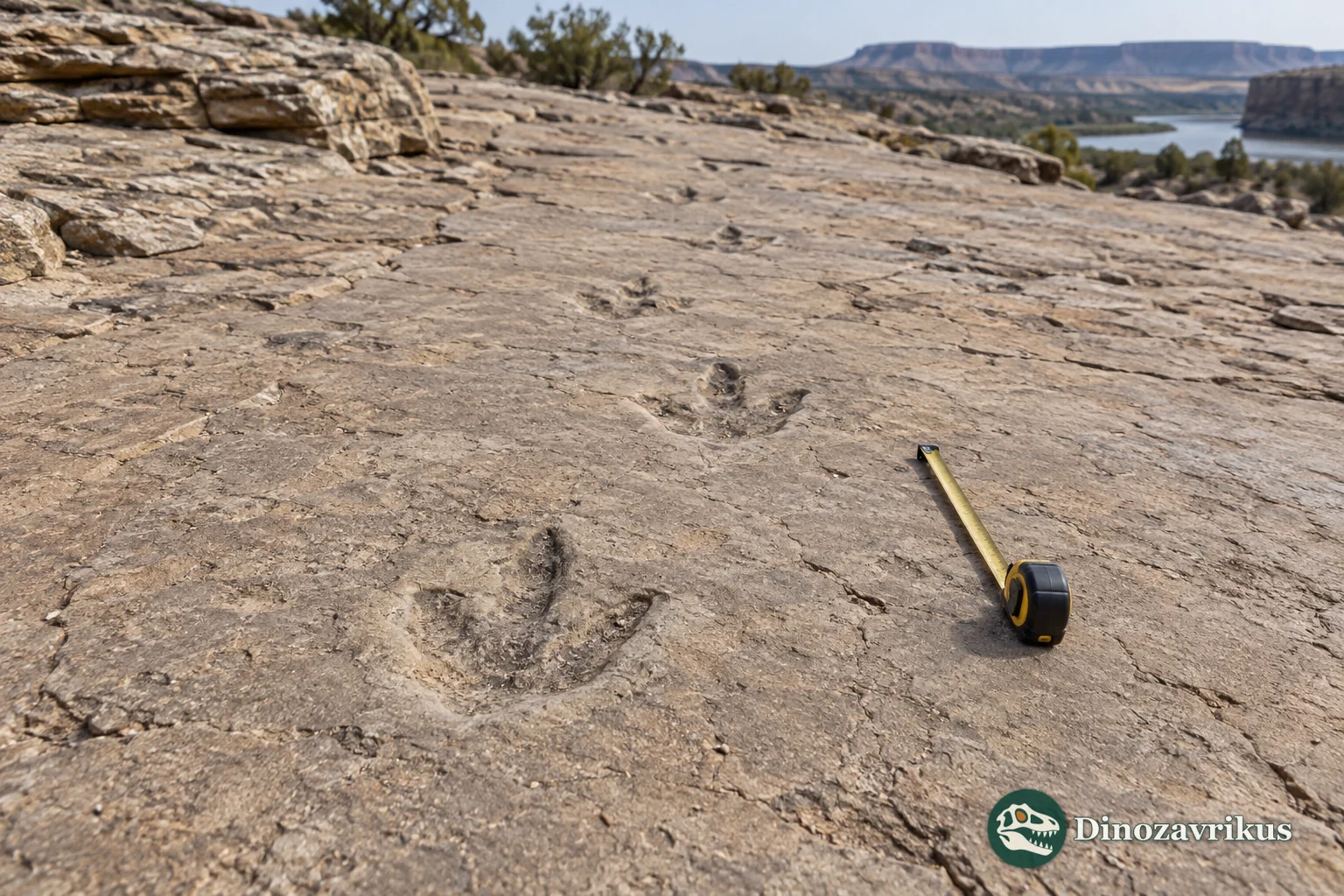 Illustrative fossil theropod trackway on sandstone beside a field measuring tape