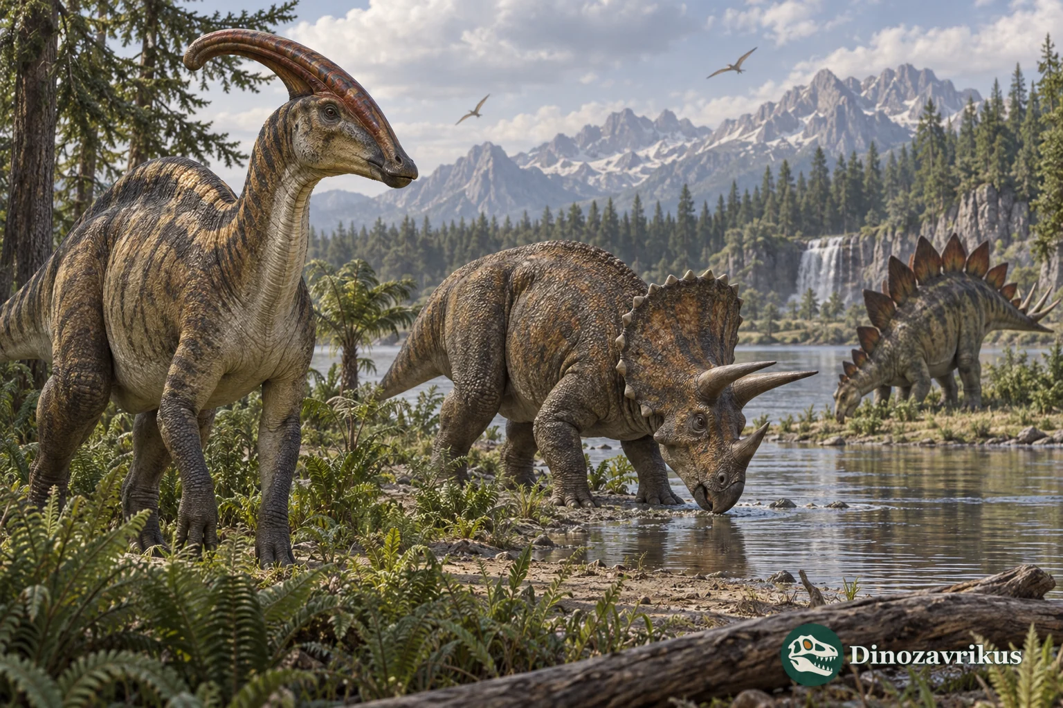 A crested hadrosaur, horned ceratopsian and plated stegosaur shown in a natural landscape
