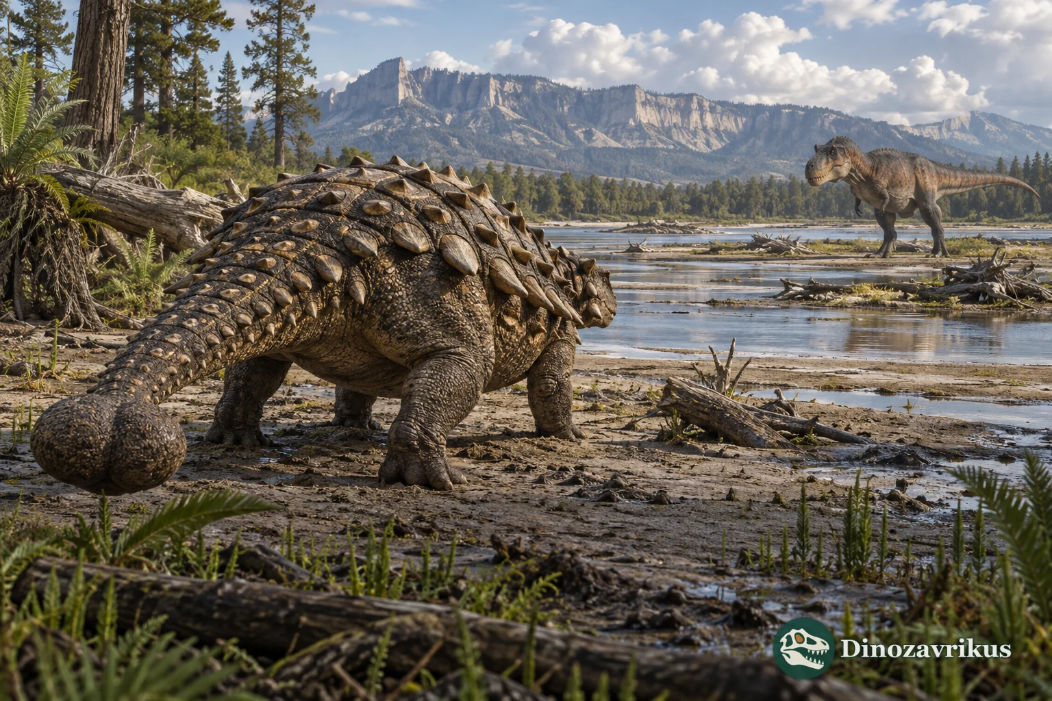 Armoured ankylosaur and predator confronting one another in a Cretaceous floodplain