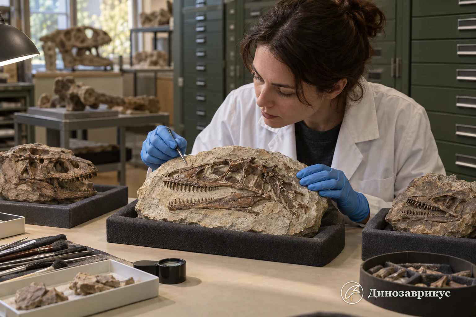 A paleontologist examining a dinosaur fossil and its specimen label