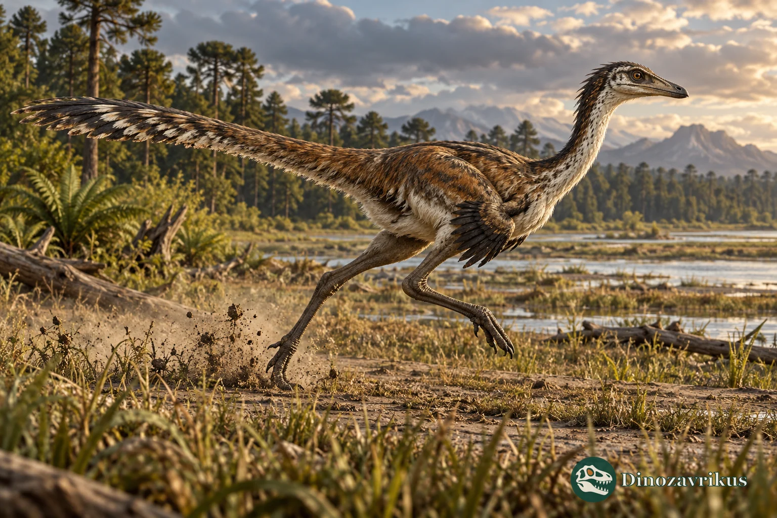 A theropod dinosaur walking across soft ground, leaving a sequence of footprints