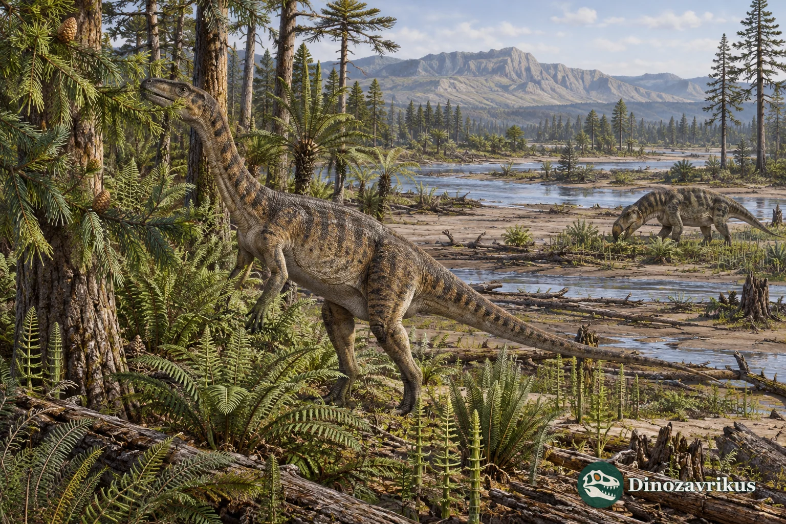An early sauropodomorph feeding in a Jurassic floodplain with other vertebrates in the distance