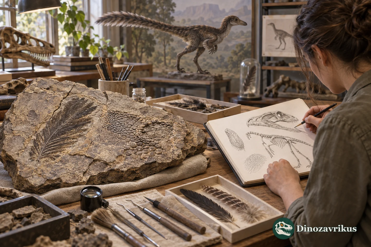 A palaeontologist compares fossil skin and feather impressions while sketching a dinosaur reconstruction