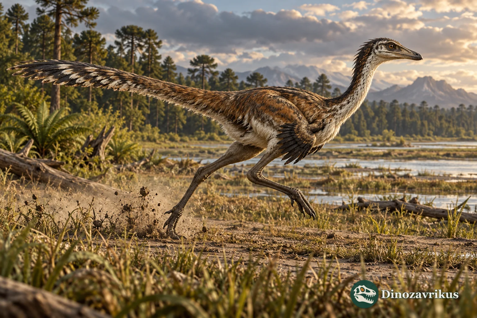 A small theropod running across a muddy floodplain, leaving a sequence of footprints