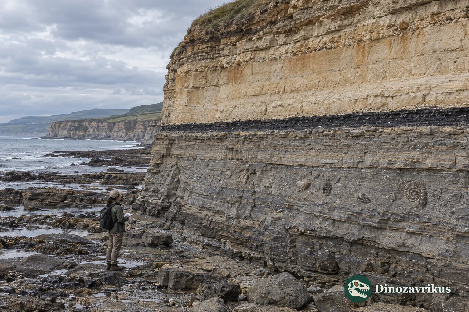 A geologist examining fossil-bearing rock layers near the Cretaceous–Paleogene boundary