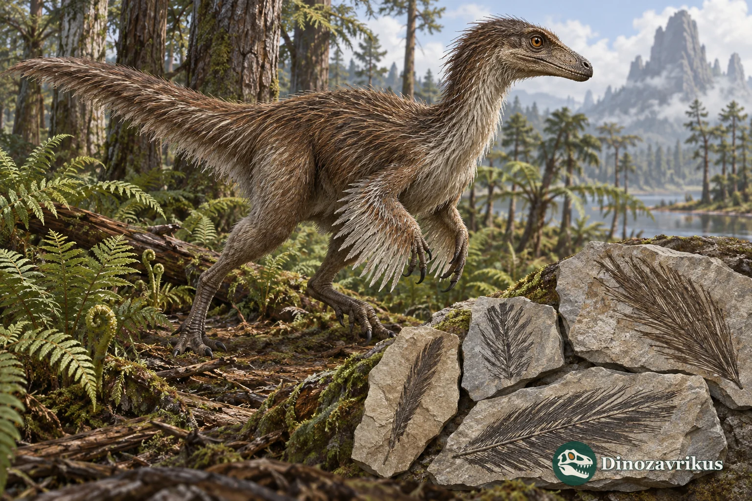 A close view of contrasting filamentous, branched and vaned feathers beside a feathered dinosaur