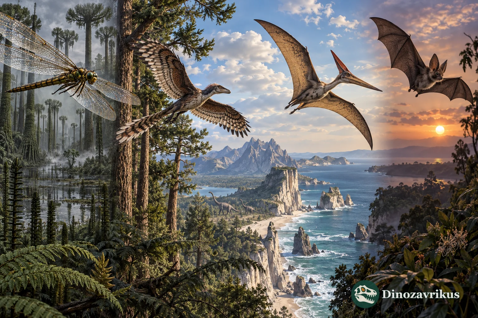 An insect, feathered dinosaur, pterosaur and early bat flying in distinct prehistoric habitats