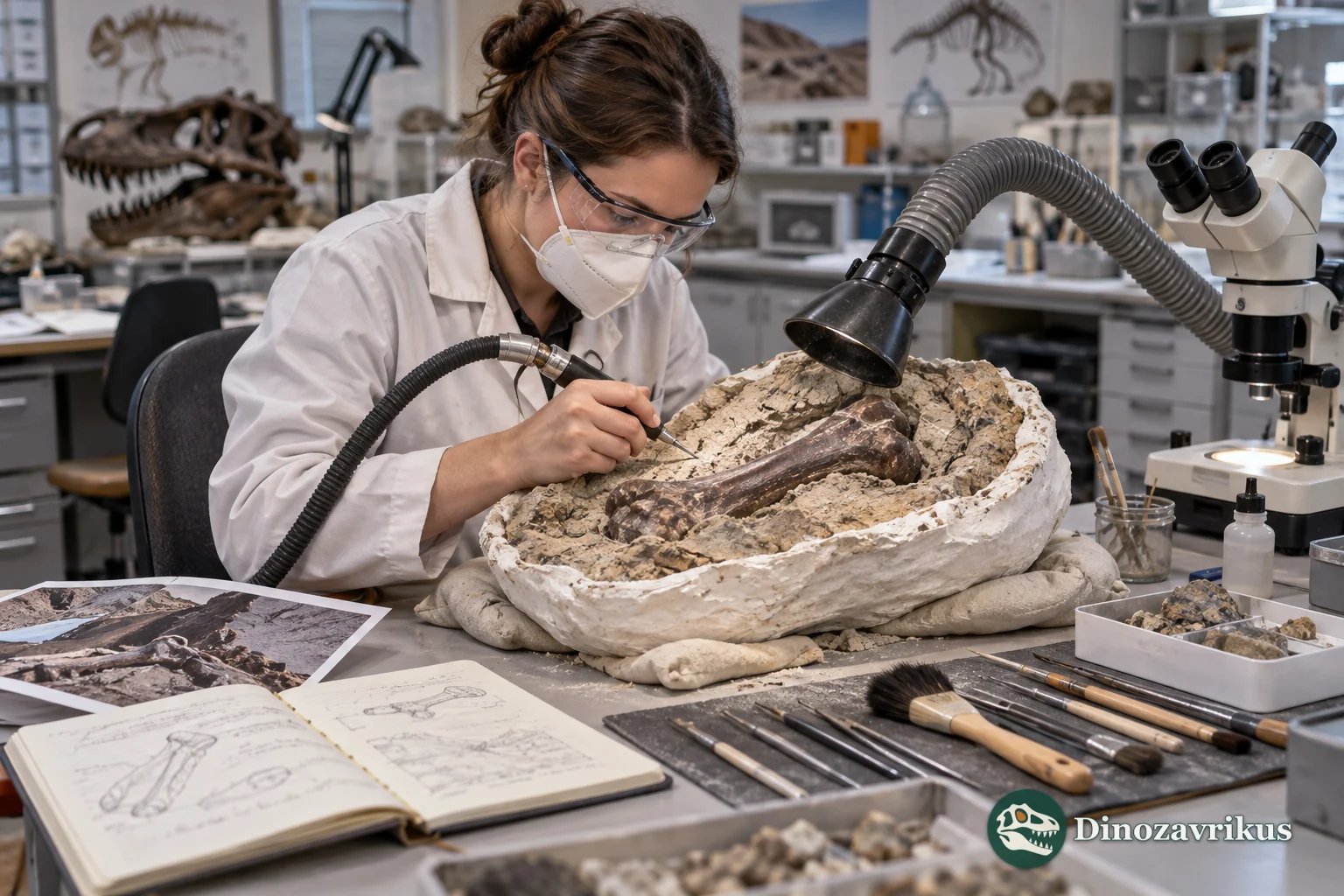 A fossil preparator carefully exposing a dinosaur bone inside its protective rock jacket