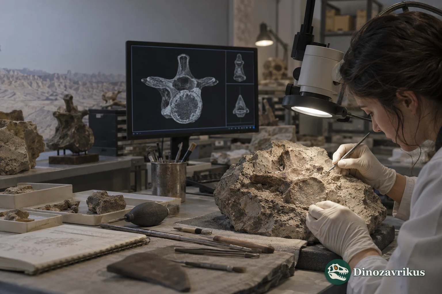 Palaeontologist preparing a fossil in a laboratory while a vertebra CT scan is visible on a monitor