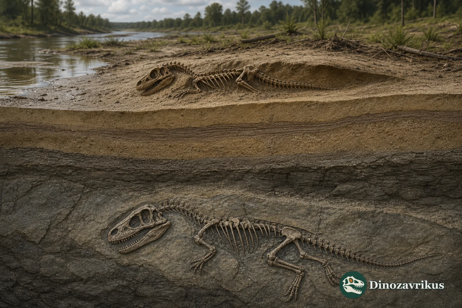A cutaway riverbank showing a dinosaur skeleton being buried and a mineralised skeleton in older rock below