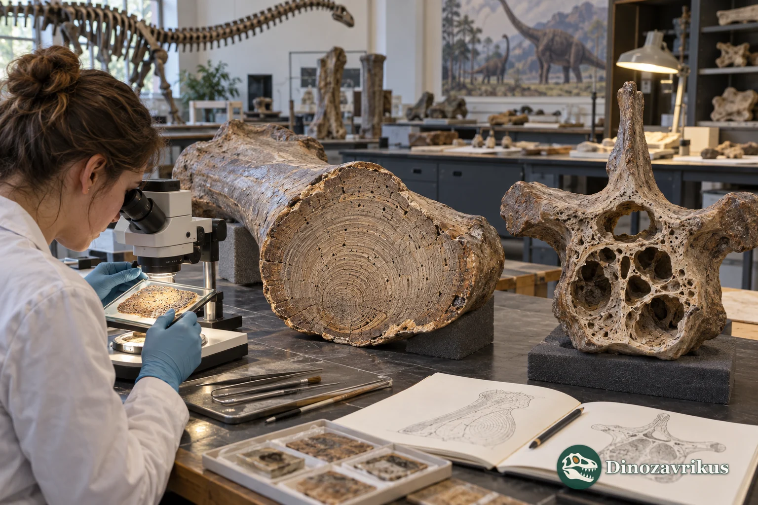 A palaeontologist examining a dinosaur vertebra beside a thin section under a microscope