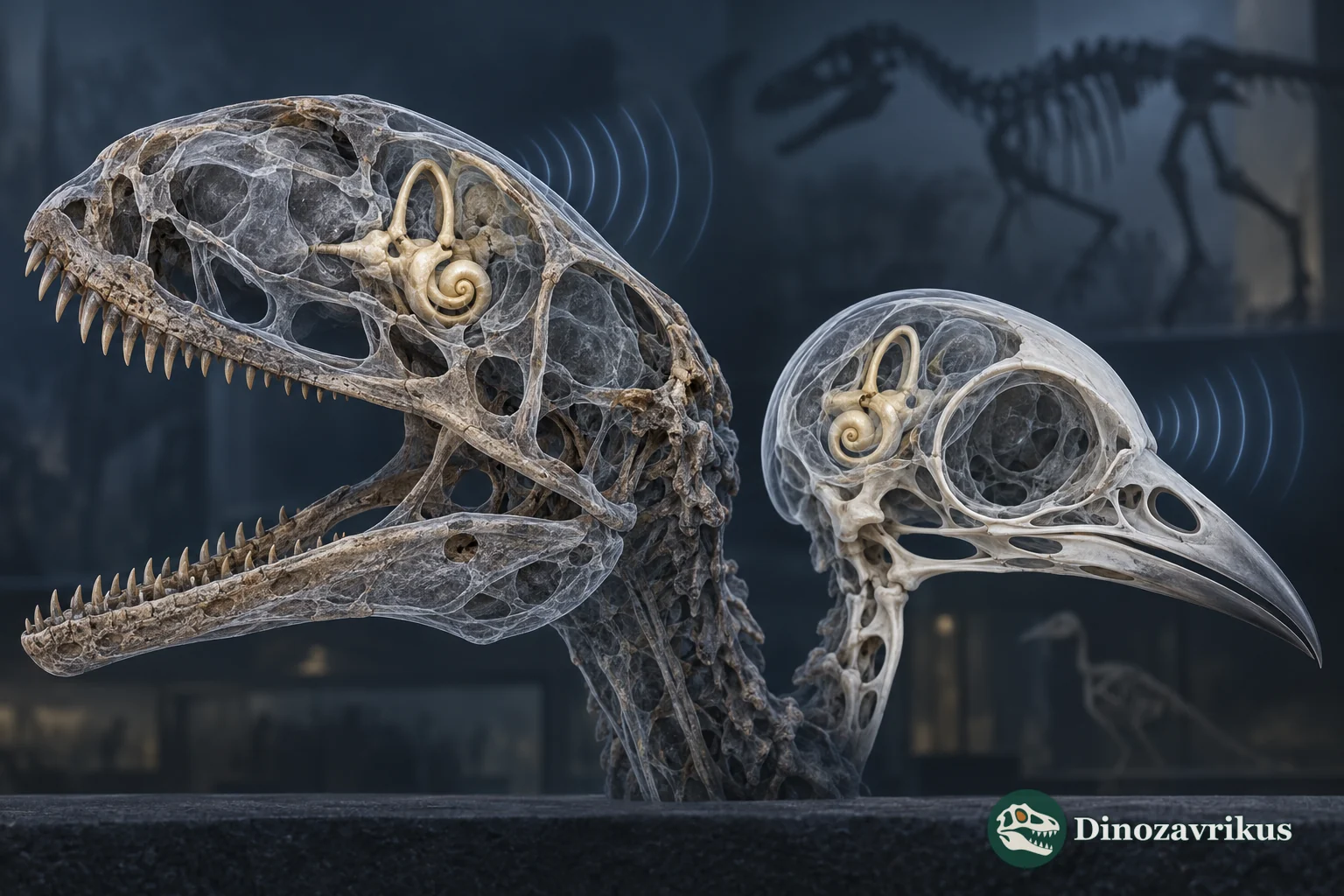 CT-style view of inner-ear structures in a dinosaur skull and a bird skull
