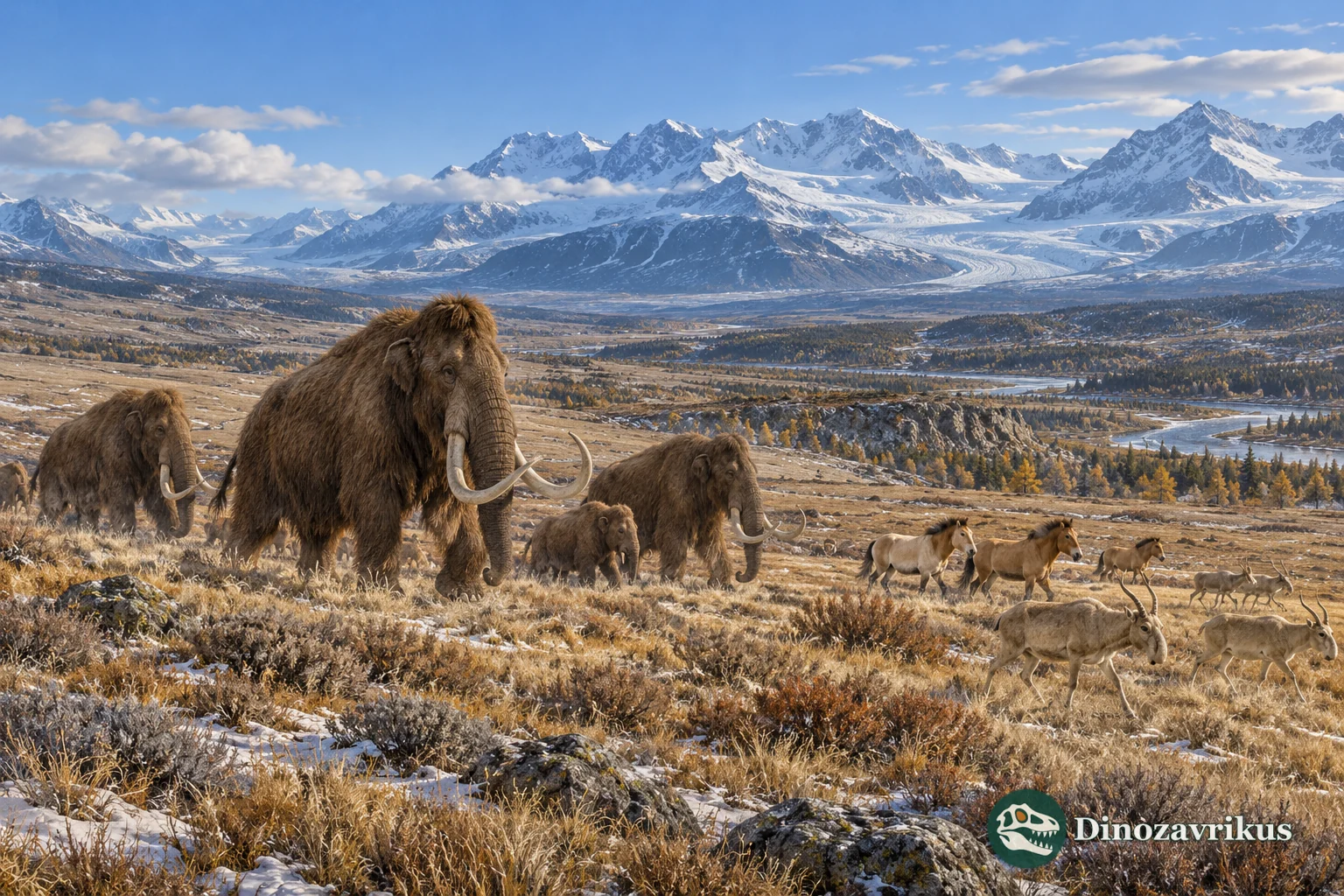 Woolly mammoths and other Ice Age animals crossing a cold grassland below distant glaciers
