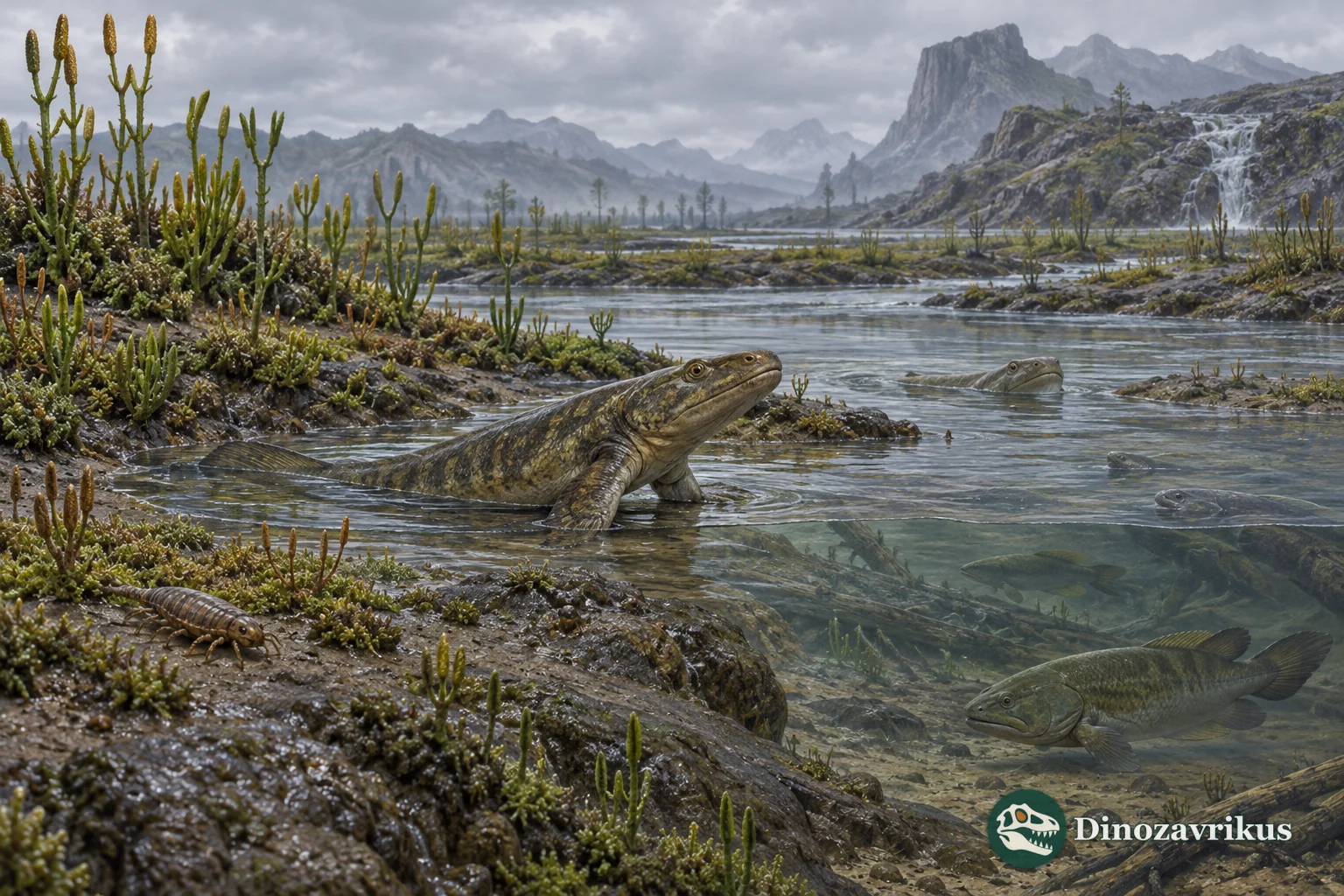 Early land plants and arthropods beside a shallow Devonian stream