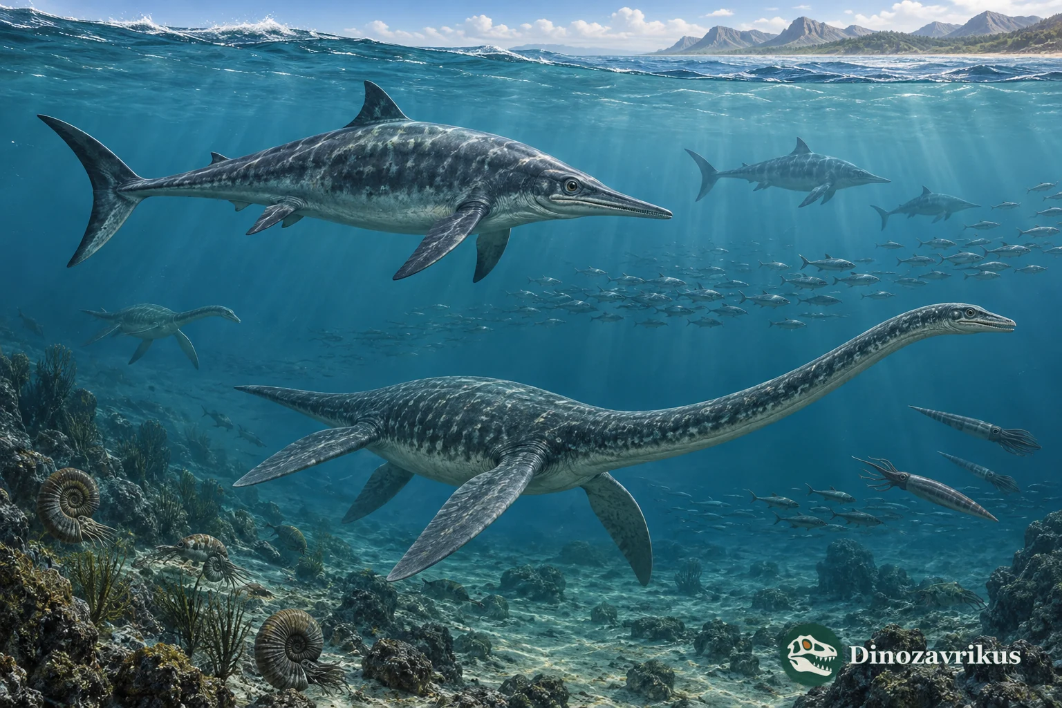 An ichthyosaur and a long-necked plesiosaur swimming through a Mesozoic sea
