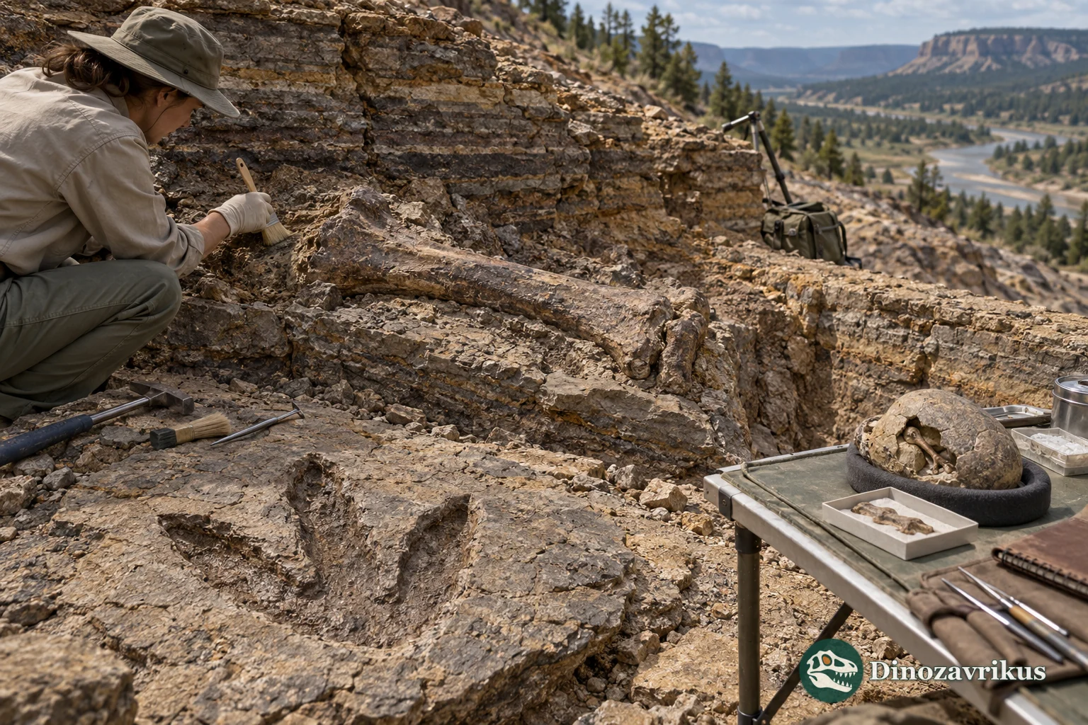 Researchers comparing prepared dinosaur fossils and a digital scan in a paleontology laboratory