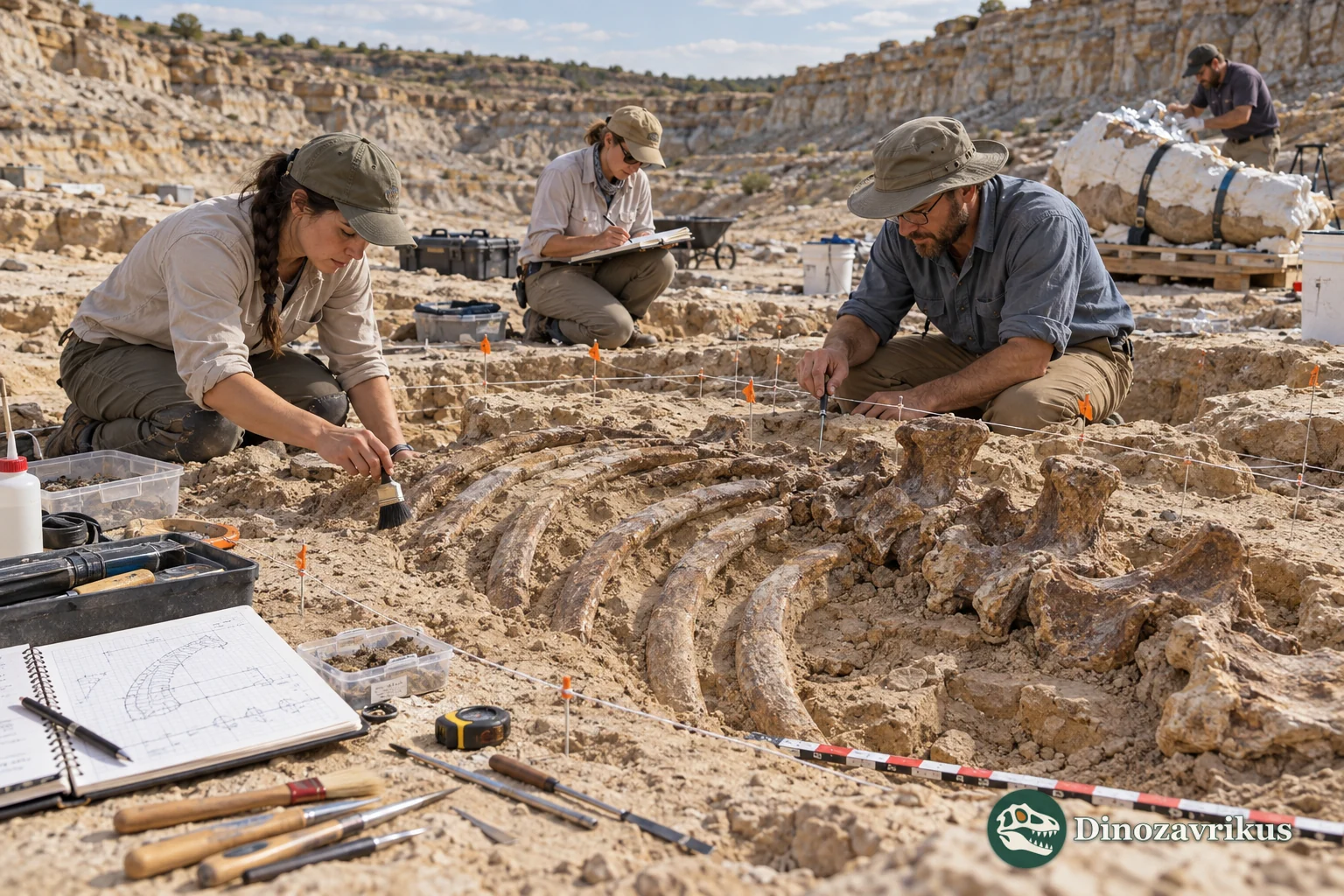 Palaeontologists carefully exposing and mapping a dinosaur bone in a quarry