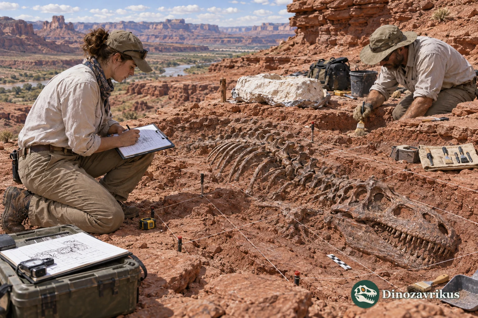 Palaeontologists recording and excavating a partly exposed fossil in a sandstone quarry