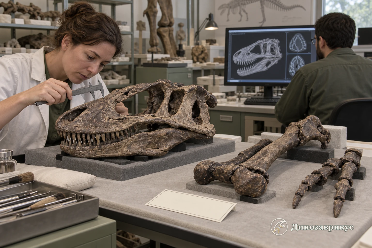 Paleontologists documenting a fossil specimen and comparing bones in a research laboratory
