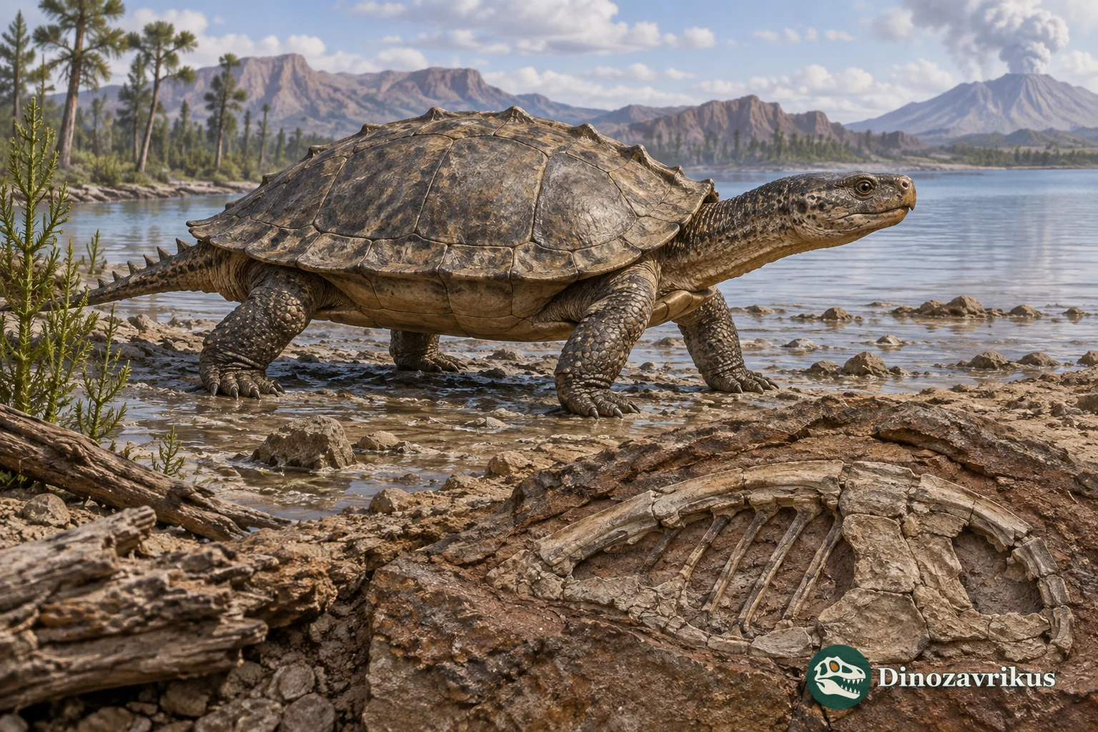 A Triassic stem turtle with a primitive bony shell beside an exposed fossil shell skeleton