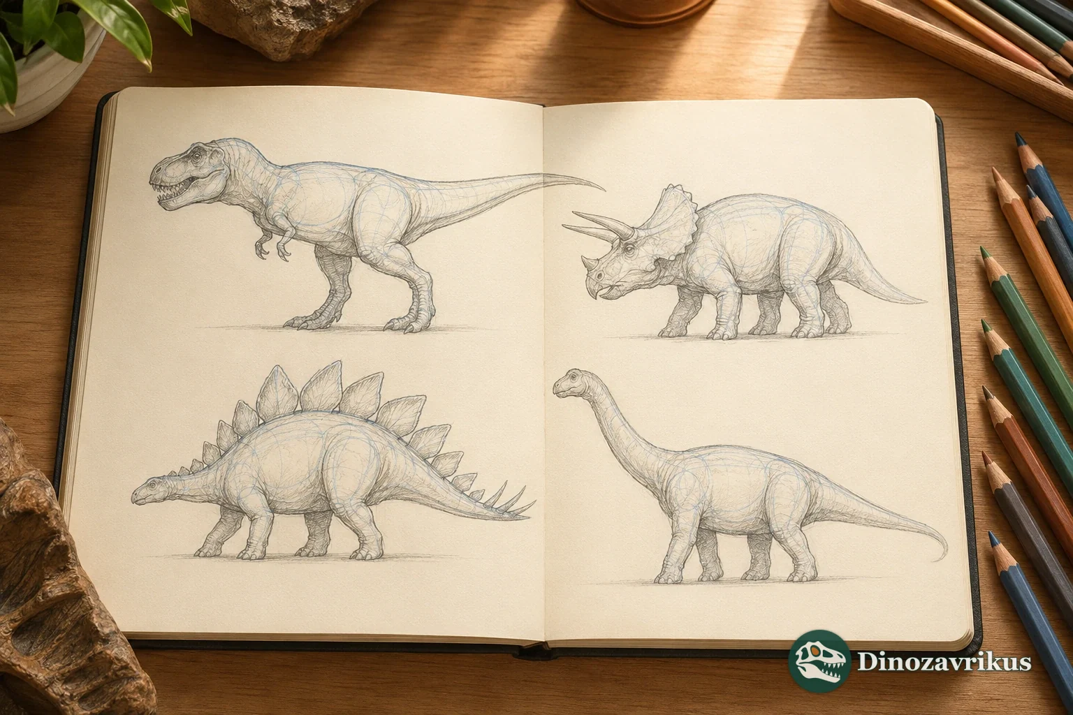 Illustrated guide to how to draw a dinosaur: four step-by-step lessons