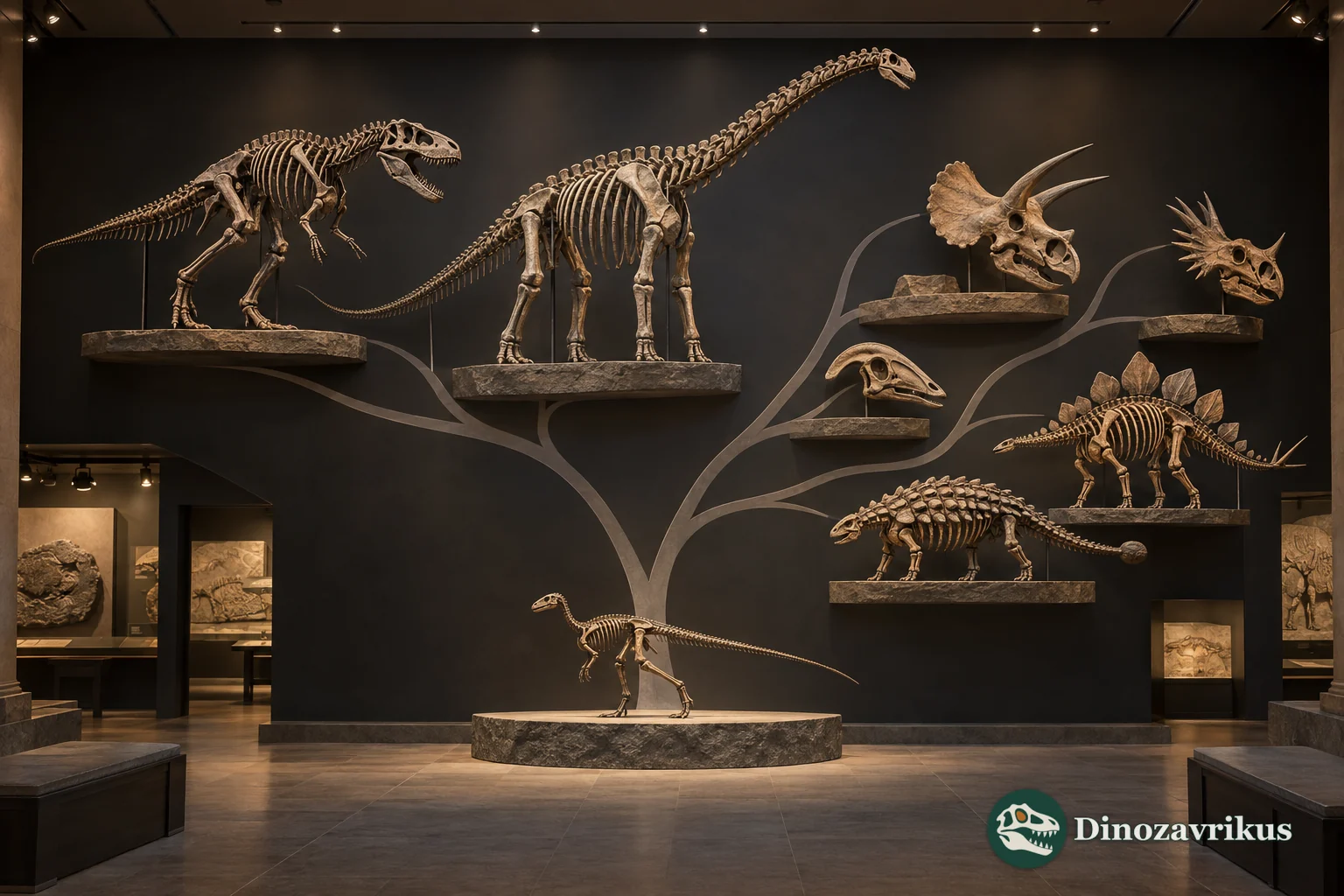 Museum display of dinosaur skeletons arranged along branching lines on a dark wall