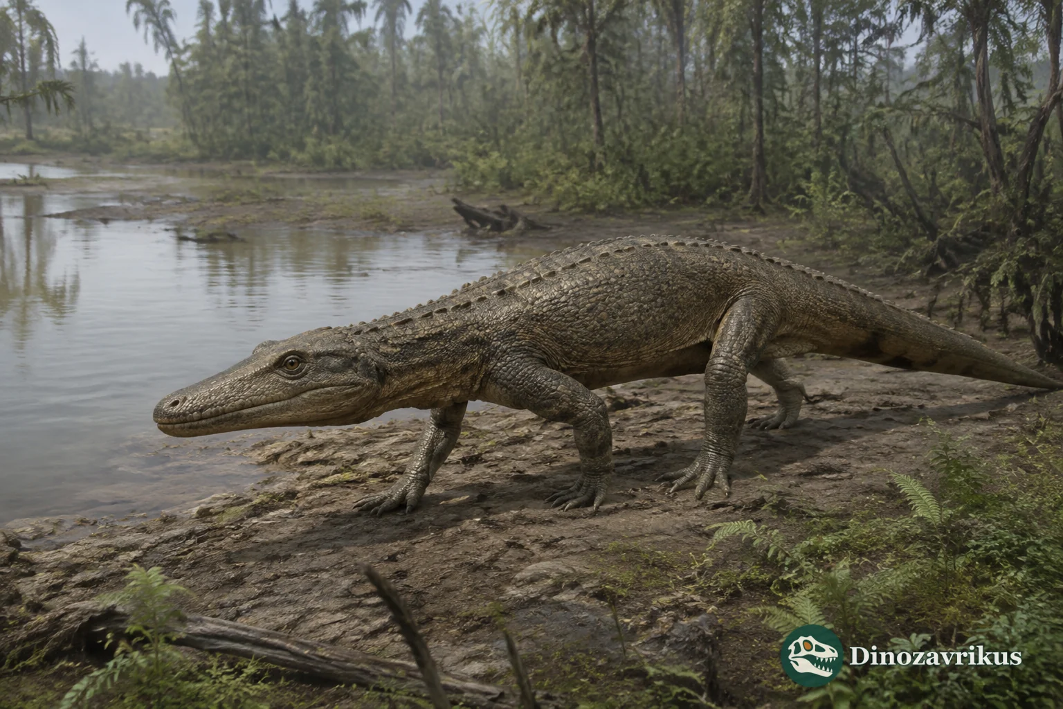 Hsisosuchus walking beside a Jurassic river in the Sichuan Basin