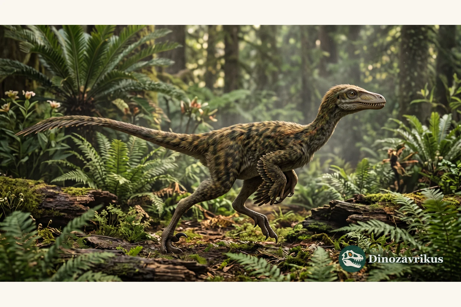 Illustrative reconstruction of Huaxiagnathus in a forested Early Cretaceous landscape