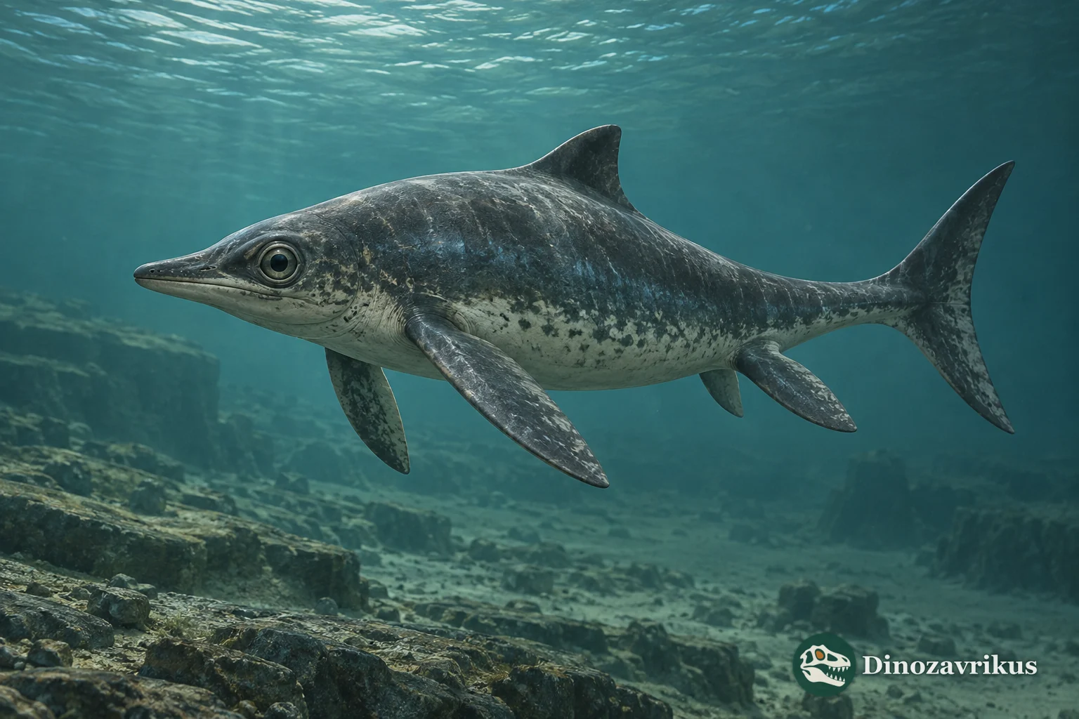 Artistic reconstruction of the small ichthyosaur Hudsonelpidia in a Late Triassic sea