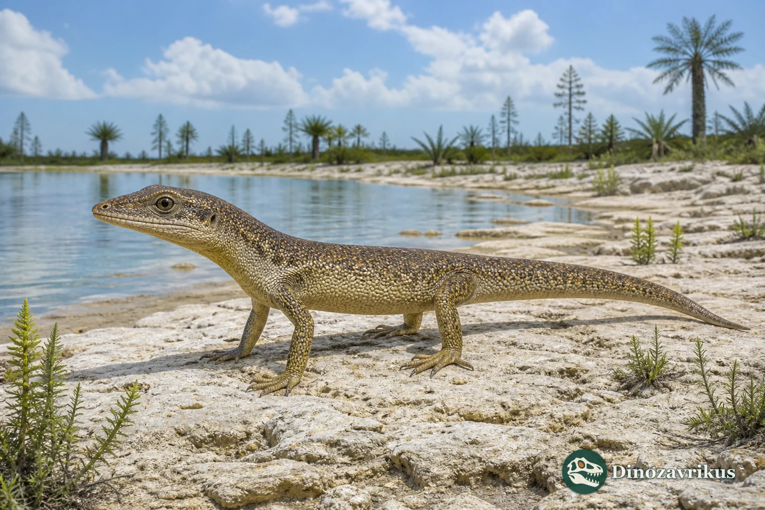 Huehuecuetzpalli mixtecus reconstructed on the shore of a shallow Tlayúa lagoon