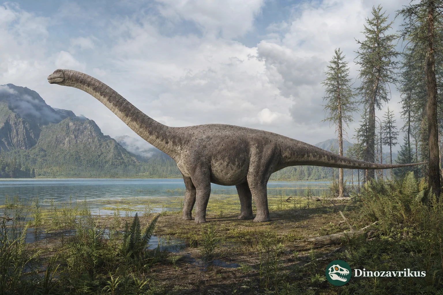 A long-necked Jurassic dinosaur in a wooded landscape, representing the sauropod fossils studied in Chongqing