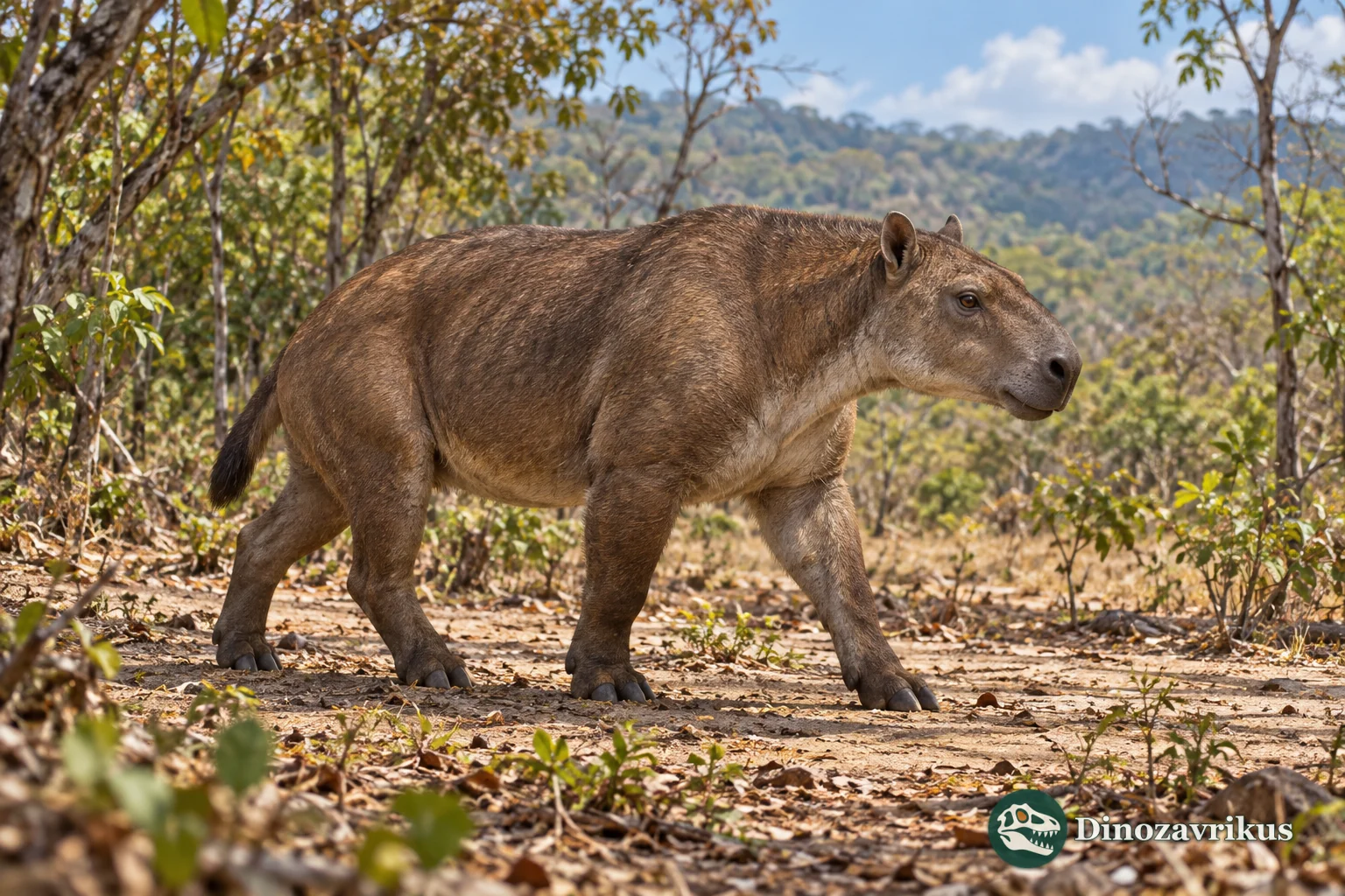 Cautious artistic reconstruction of Huilatherium near a stream in a Miocene Colombian woodland