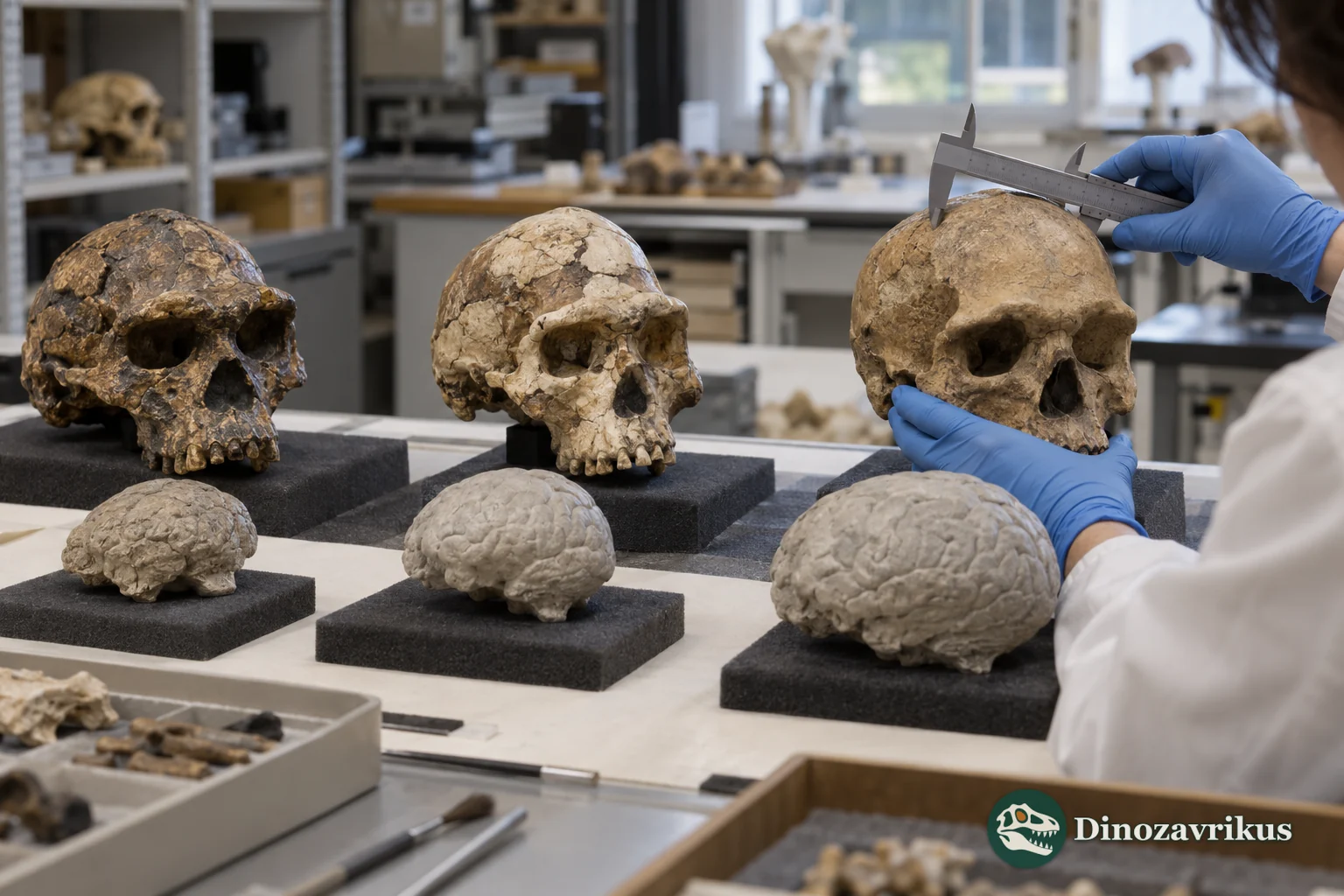 Hominin skull casts and endocasts compared in a palaeoanthropology laboratory