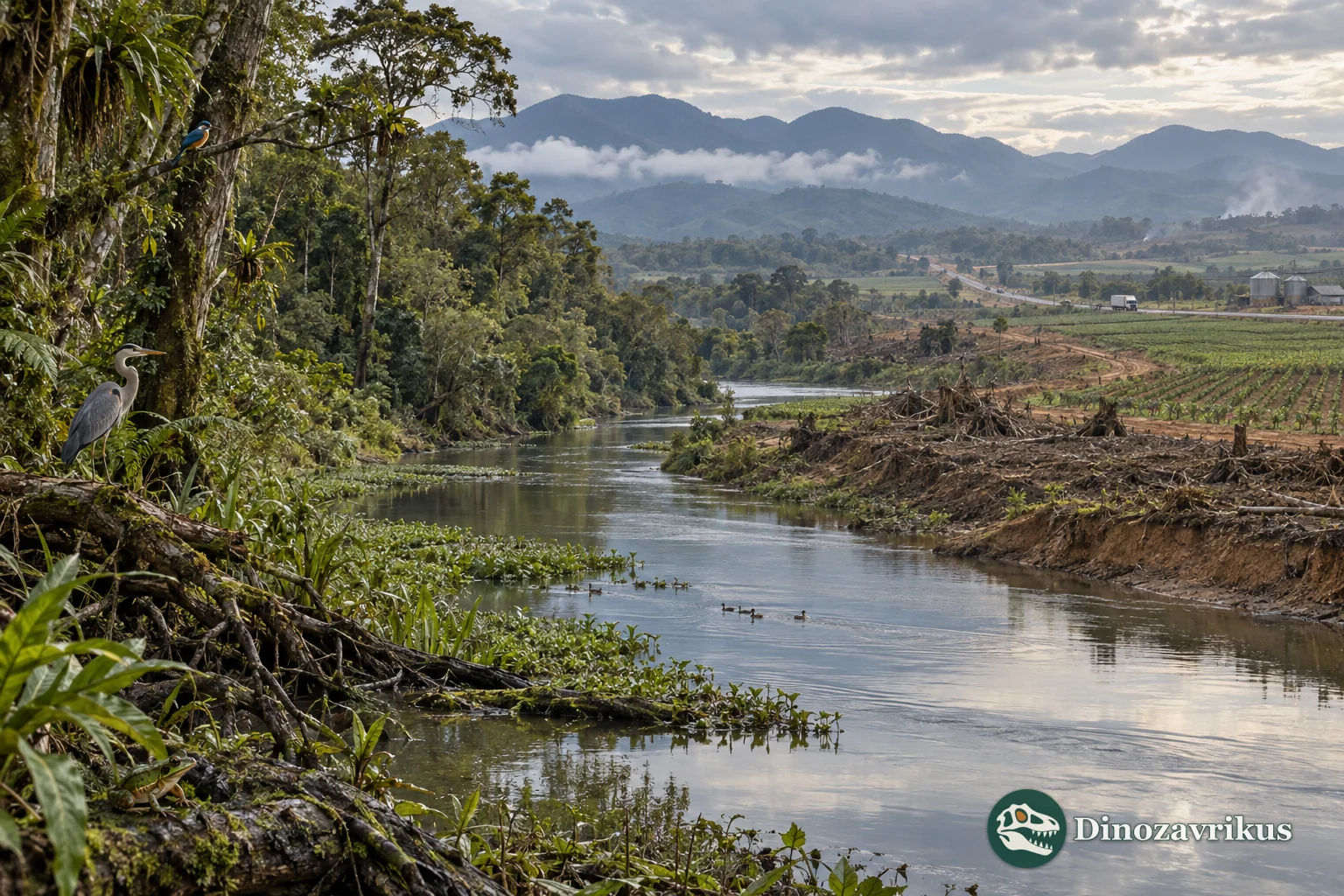 A landscape where intact habitat meets a road, cleared land and a river carrying visible pollution