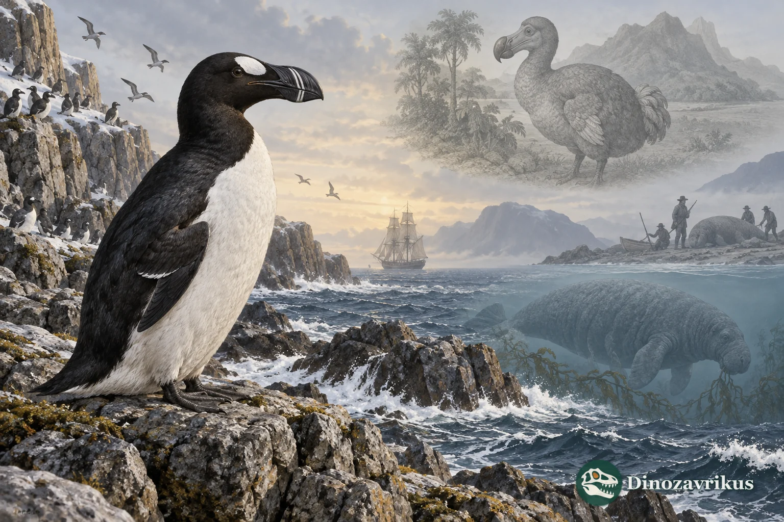 A great auk on a North Atlantic shore with faint historical silhouettes of extinct island animals
