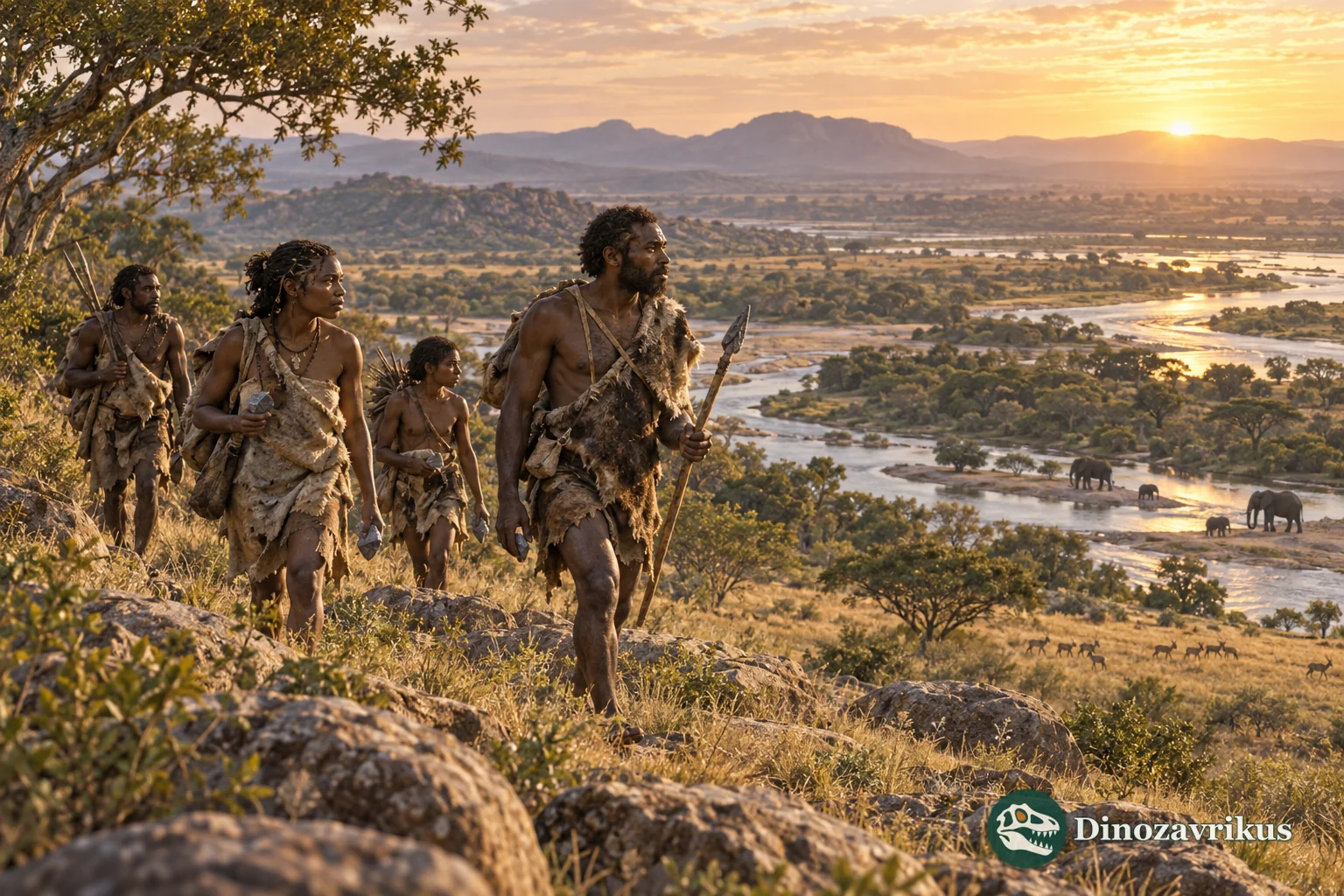 Reconstruction of early Homo in an African landscape, illustrative and not a portrait of a known fossil individual