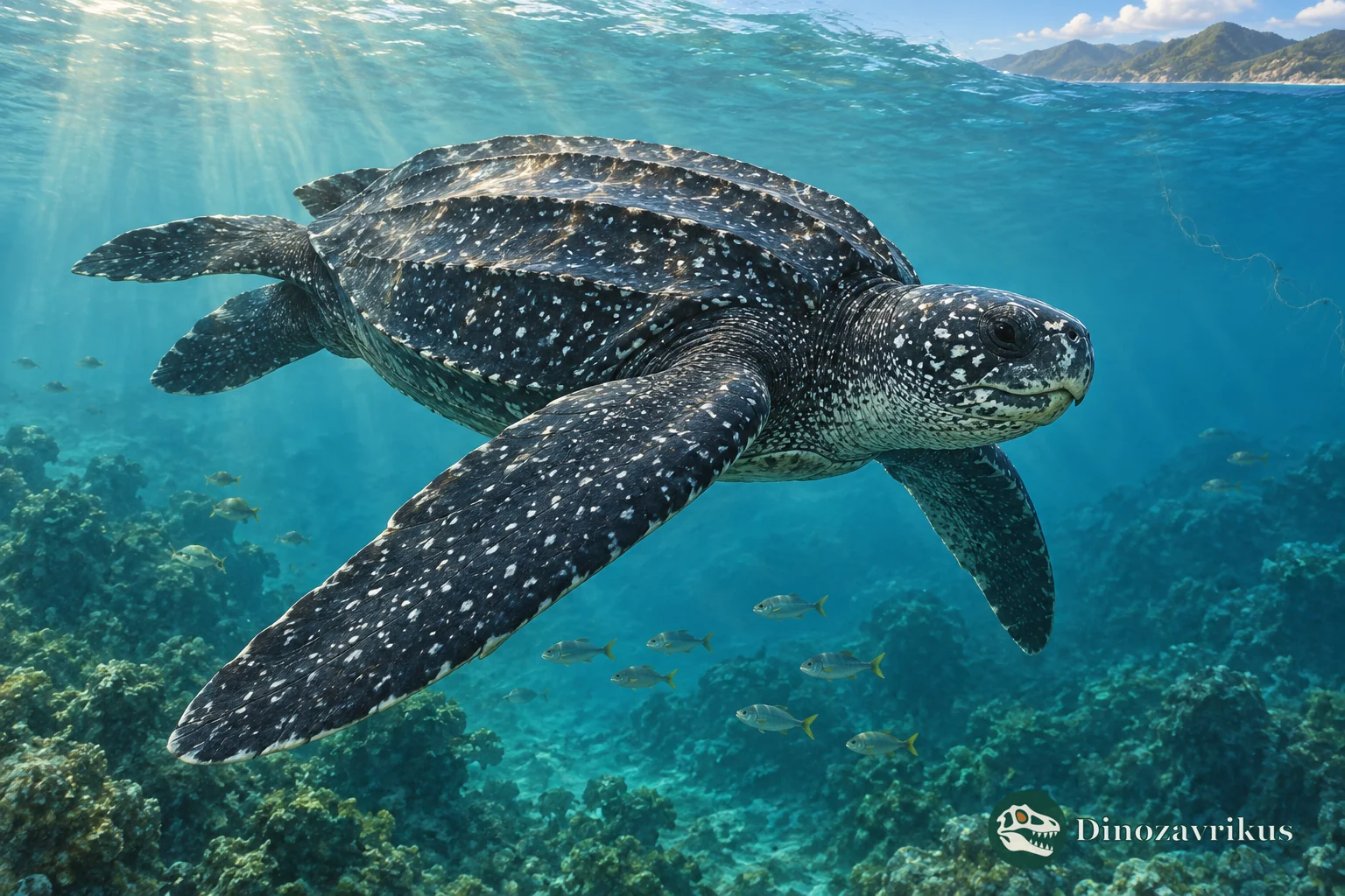 Leatherback sea turtle swimming near a faint fragment of discarded fishing line