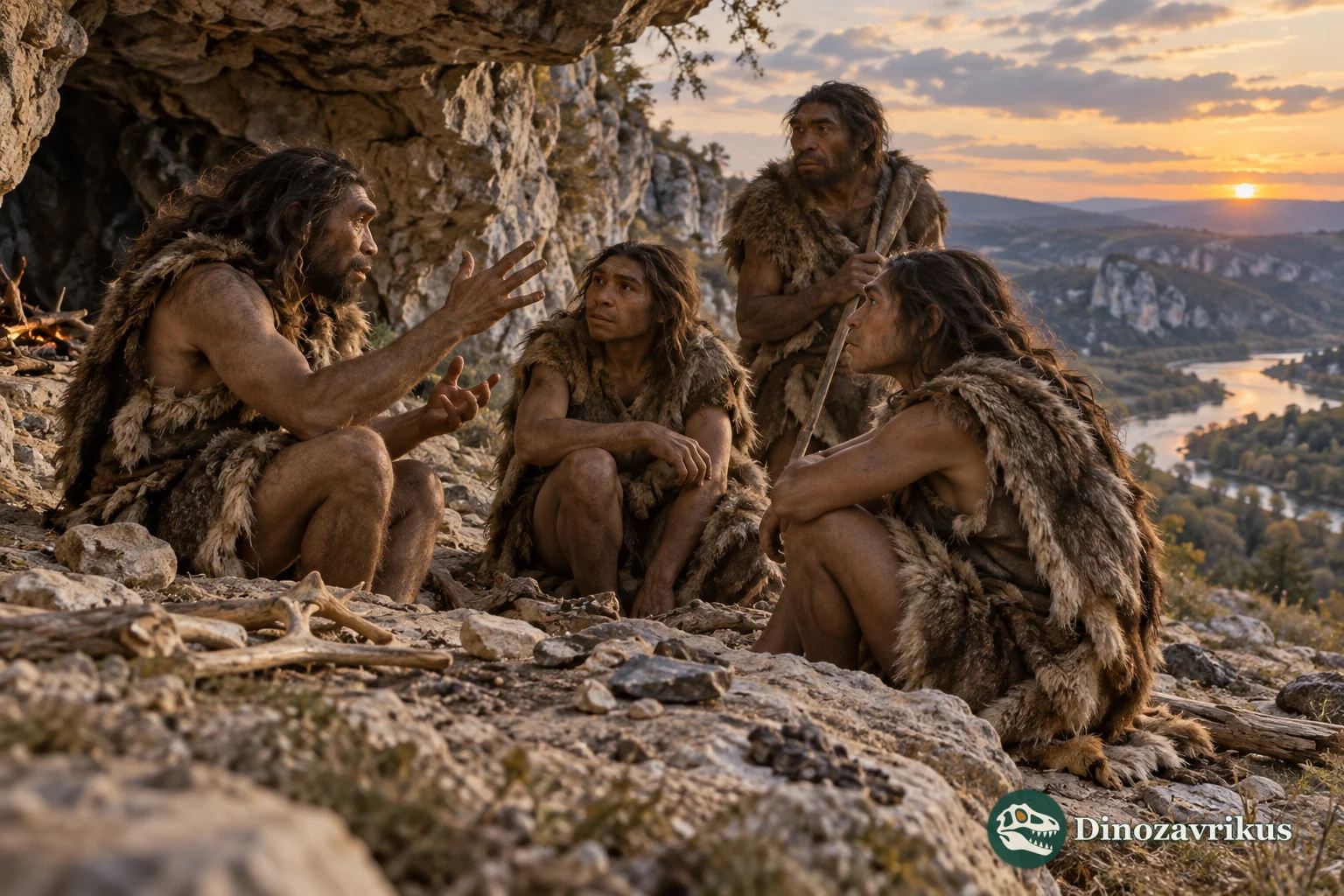 A group of archaic humans communicating with gestures near a rock shelter