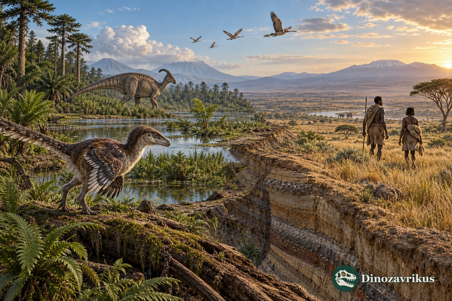 Cretaceous dinosaur world and Pleistocene human world separated by layers of geological time