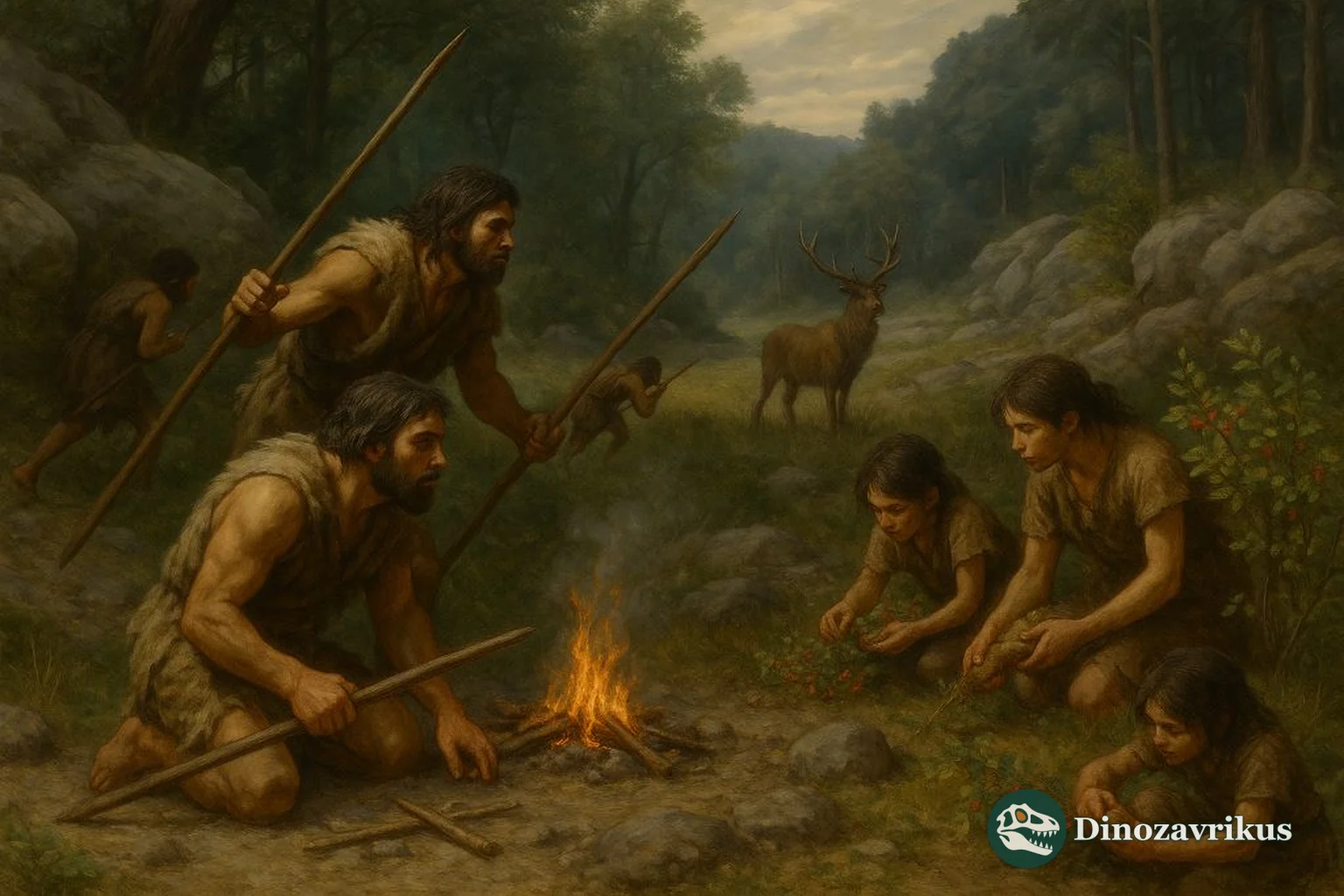 Reconstruction of prehistoric people hunting, gathering plants and using a hearth