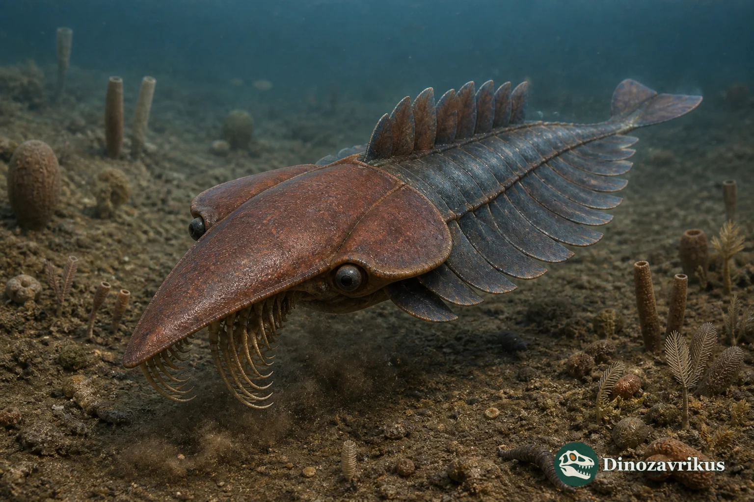 Hurdia swimming above the Cambrian seafloor with its broad head carapace and frontal appendages visible